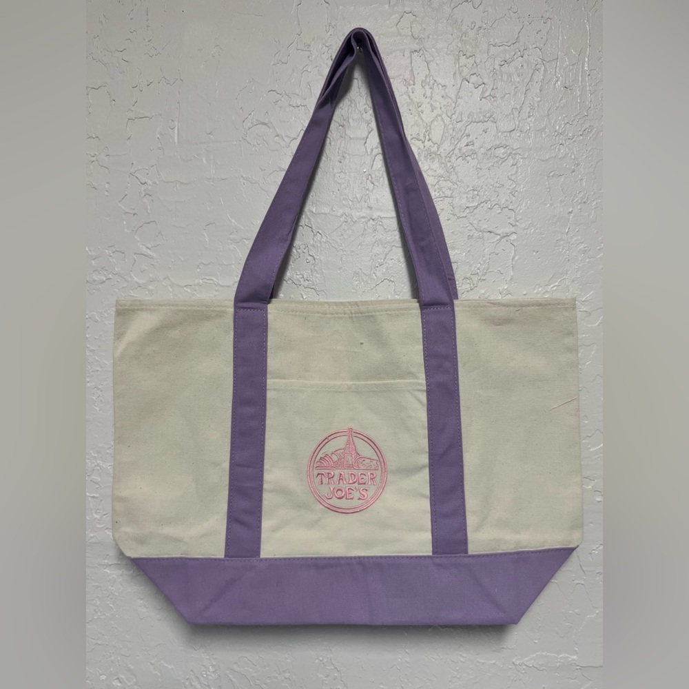 Trader Joe's Cream Lavender Purple LARGE Canvas Tote - Picture 5 of 5